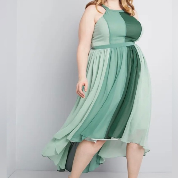 ModCloth Peachy Queen Halter Color Block Hi-Low Flowy Maxi Dress In Pear - Picture 2 of 8